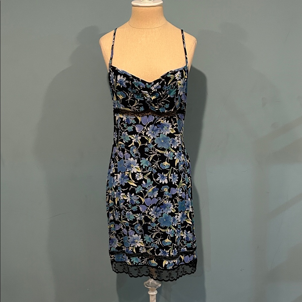 Vintage Born in America Floral and Lace Slip Dress size 6 Blue Black Y2K